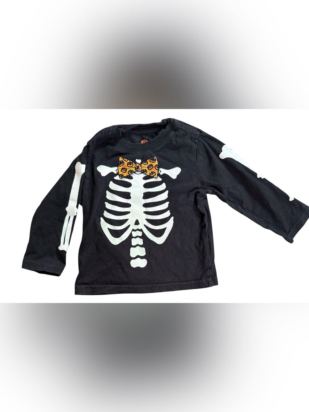 Kids Black Halloween Skeleton Tee with Pumpkin Bow